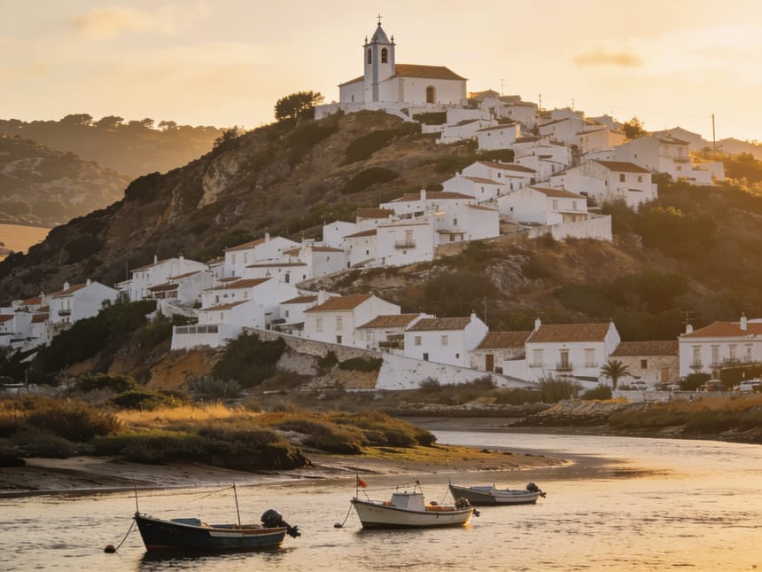 White houses climbing the hillside above the estuary at Ferragudo