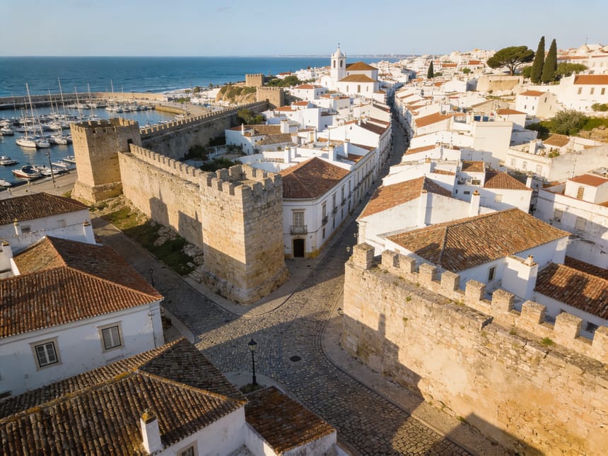 The walled old town and marina at Lagos