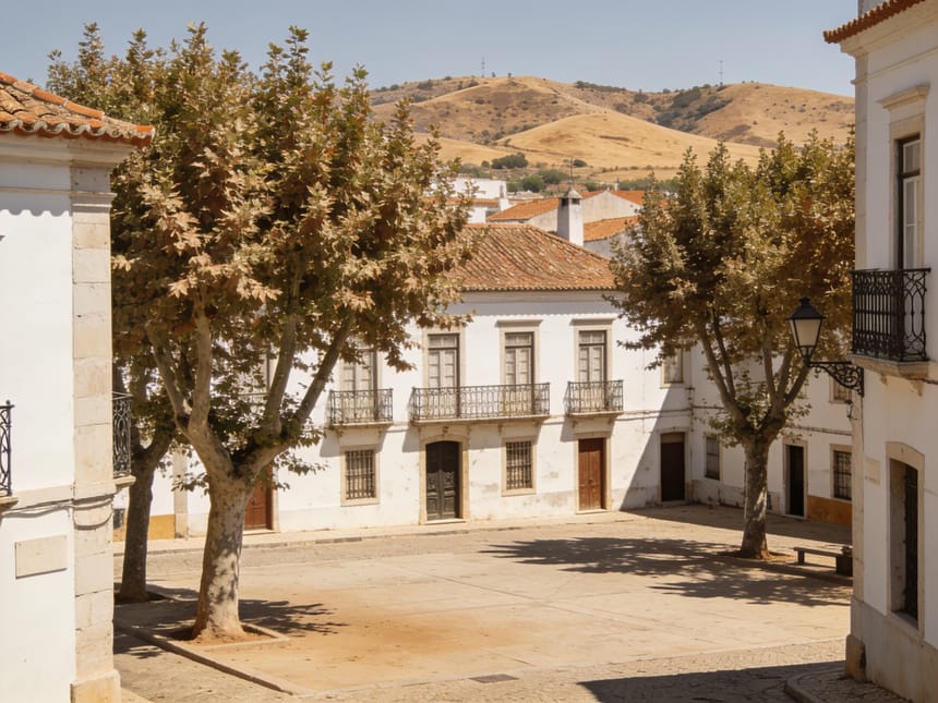 A quiet market square with plane trees in Loule