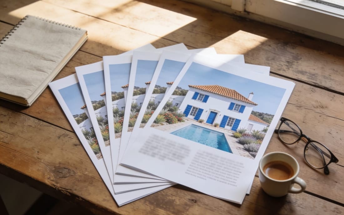 Printed property sheets for Portuguese villas fanned out on a table