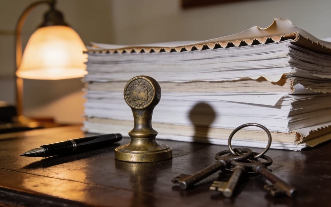 A notary desk with a brass seal, a pen and a set of keys