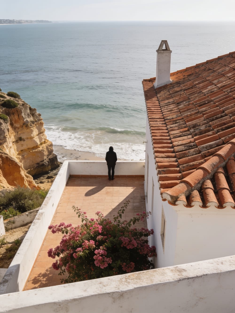 A terrace above the Algarve coast, a figure looking out to sea